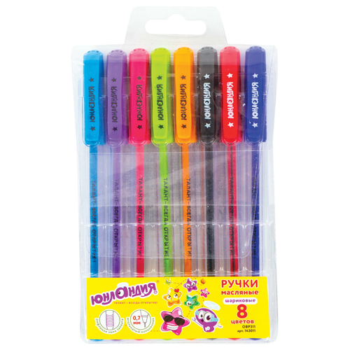 фото Ручки шариковые масляные юнландия, набор 8 шт., ассорти, «star», узел 0,7 мм, линия письма 0,35 мм