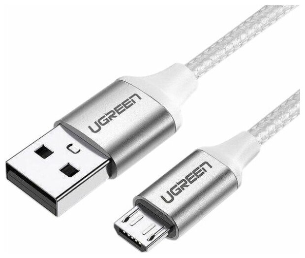 Кабель UGREEN US290 (60151) USB-A 2.0 to Micro-USB Cable Nickel Plating Alu Braid (1 метр) серебристый