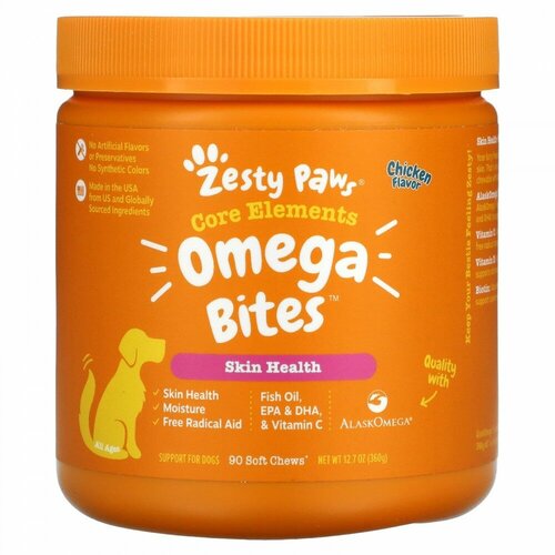 Zesty Paws, Omega Bites, добавка для собак, для любого возраста, со вкусом курицы, 90 мягких жевательных таблеток