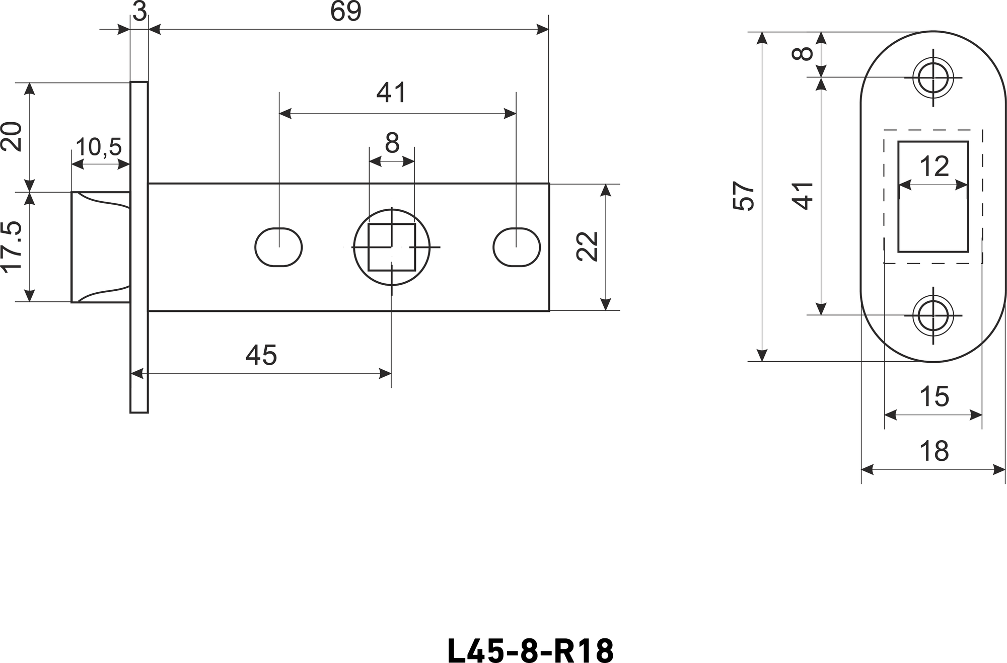 Защелка дверная межкомнатная врезная Аллюр АРТ L45-8-R18 MAB матовая бронза овальная торцевая планка 18 мм