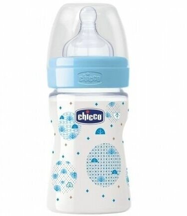 Chicco Бутылочка с соской из силикона Well-Being, 150 мл boy/girl, с рождения, голубой