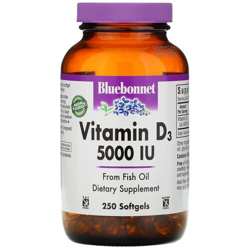Капсулы Bluebonnet Nutrition Vitamin D3 125 мкг (5000 МЕ), 230 г, 250 шт.