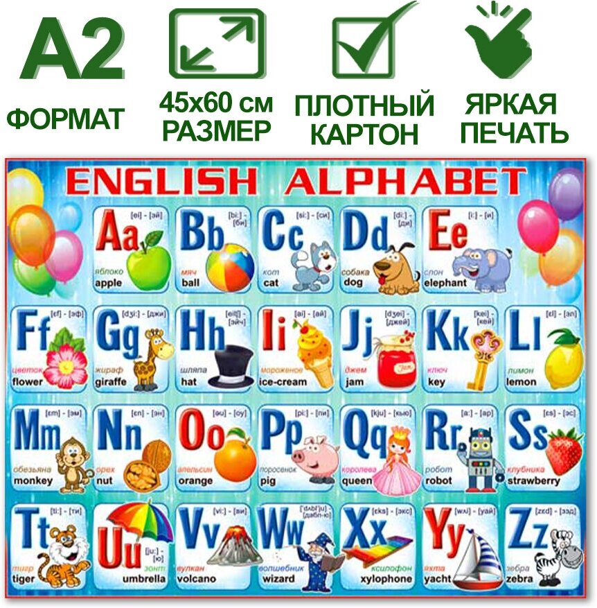 Обучающий плакат "Английский алфавит", формат А2, 45х60 см, картон, 1 шт.