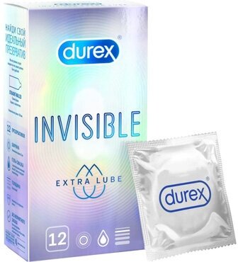 59366 Durex Invisible Extra Lube, 12 шт. Презервативы ультратонкие с увеличенным объемом смазки