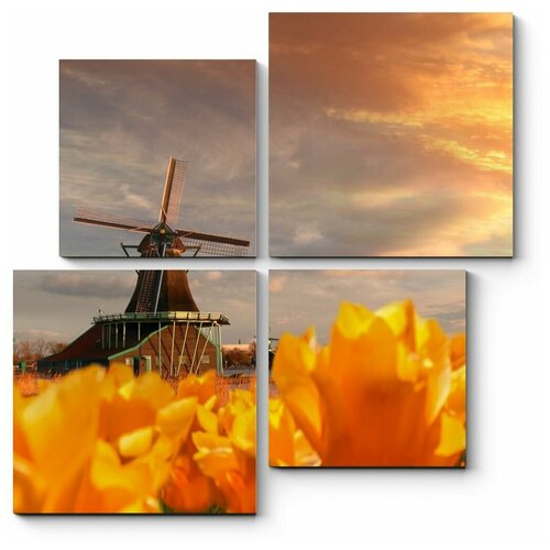 Модульная картина Ветряная мельница и желтые тюльпаны на закате 150x150