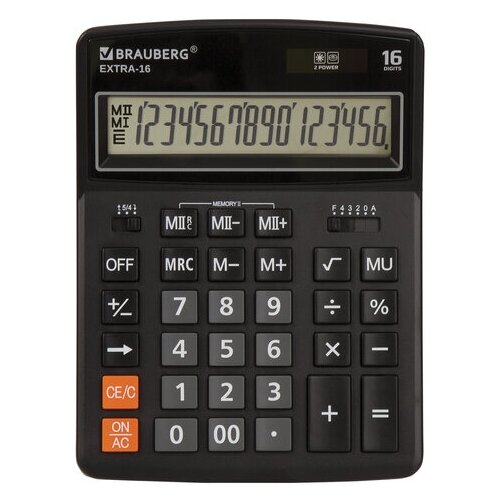 Калькулятор настольный BRAUBERG EXTRA-16-BK (206x155мм), 16 разрядов, дв.питание, черный, 250475