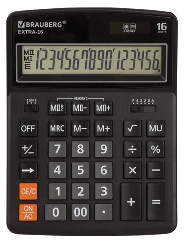 Brauberg Калькулятор настольный Extra-16-bk 206x155мм, 16 разрядов, дв.питание, Черный, 250475