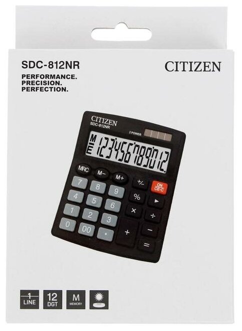 Калькулятор настольный Citizen "SDC-812NR", 12-разрядный, 102 х 124 х 25 мм, двойное питание, чёрный