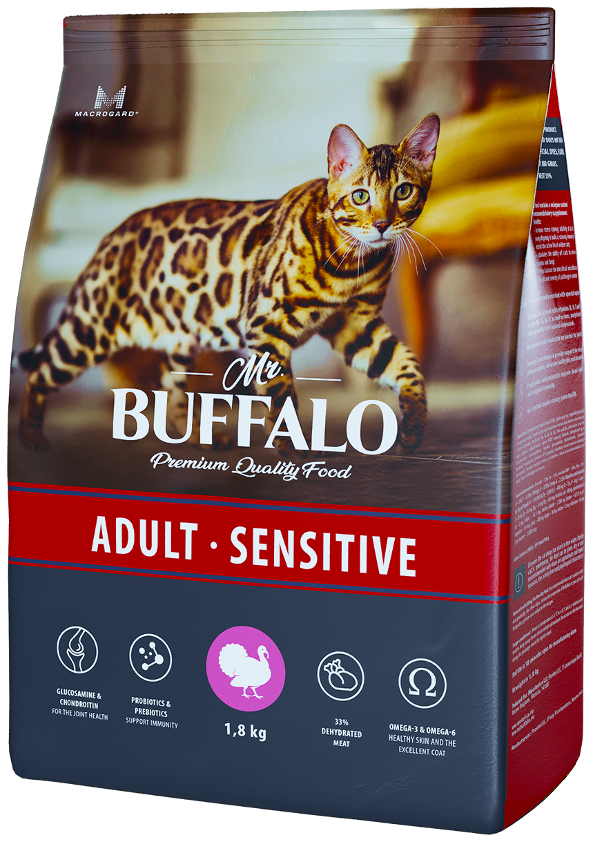 Mr.Buffalo ADULT SENSITIVE для кошек с Индейкой, 1,8кг