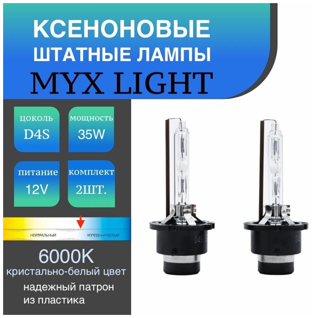 Ксеноновые лампы для автомобиля штатный ксенон MYX Light D4S 12V 35W 6000K пластиковый цоколь комплект 2шт.