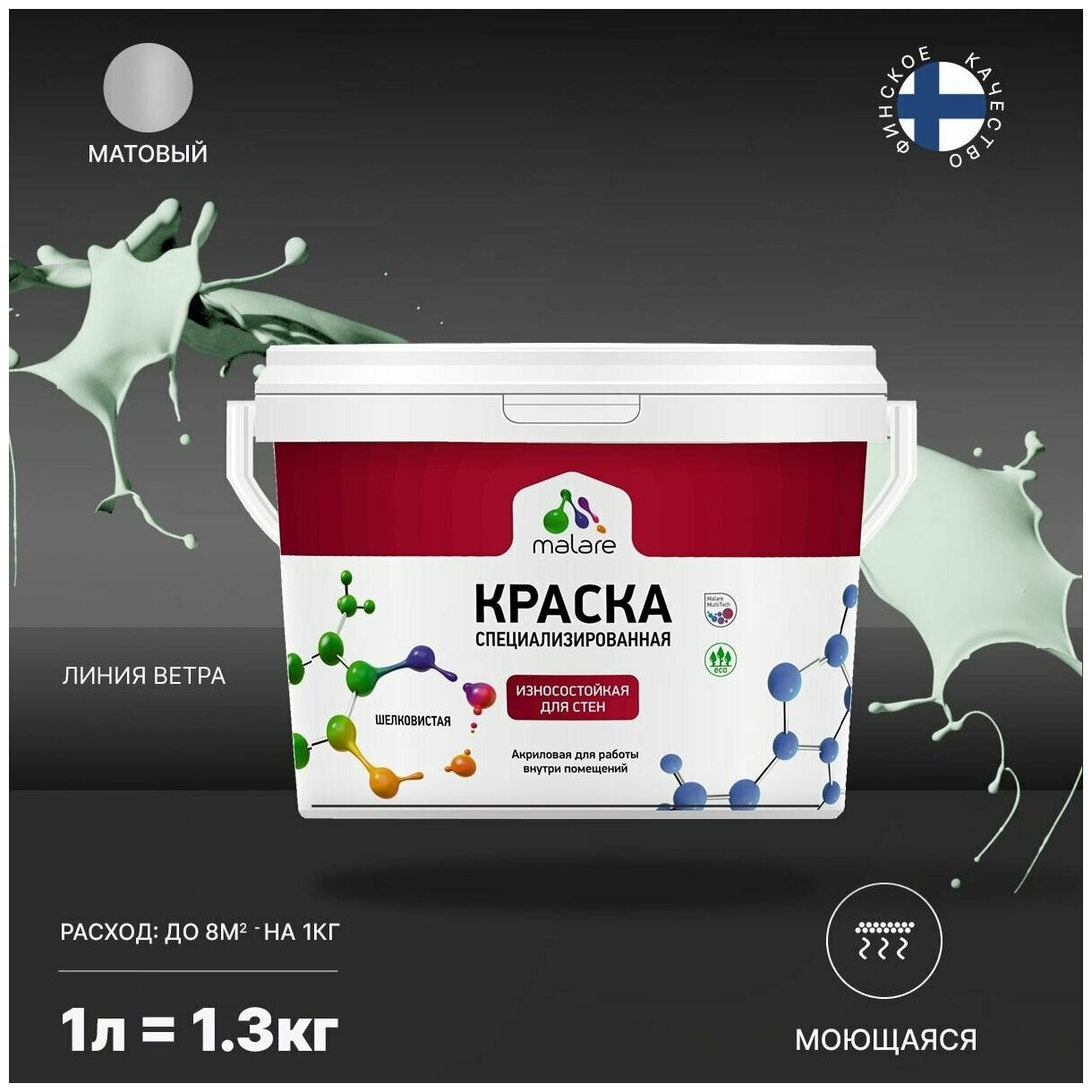 Краска Malare Professional интерьерная износостойкая для стен и обоев, потолка, моющаяся, акриловая, матовая, линия ветра, (1л - 1.3кг)