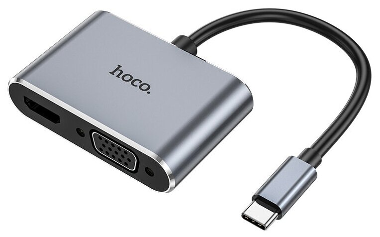 USB Хаб (HB30) c 1 Type-C на 1 USB 3.0+PD+VGA+HDTV, HOCO, металлический серый