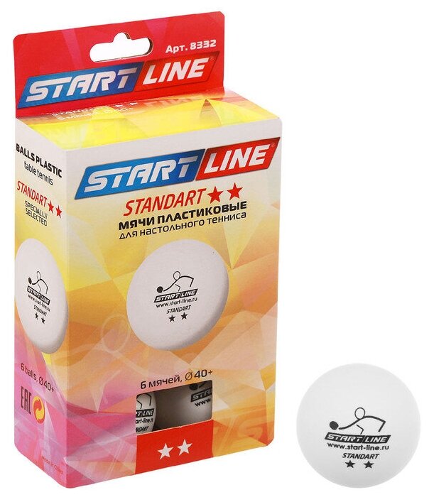 Мяч Start Line "STANDART", теннисный, 2 звезды, 6 штук, цвет белый