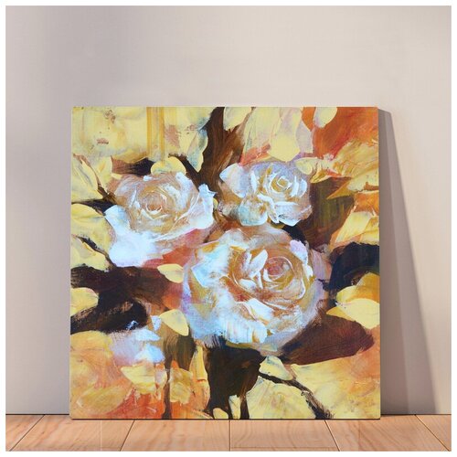 фото Картина желтые розы маслом на холсте живопись, 60x60 см, картина на холсте на деревянном подрамнике с настенным креплением вау холст