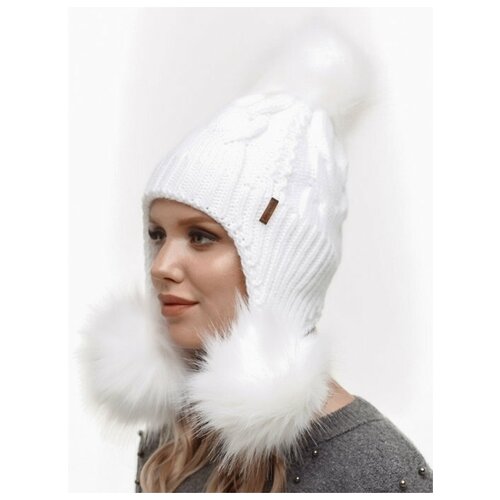 фото Женская шапка- ушанка, зимняя, c тремя меховыми помпонами, вязаная, утепленная, белый цвет, размер 56-58 anymalls