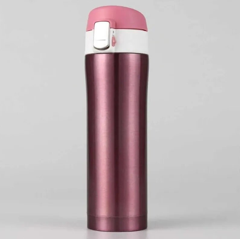Термокружка (термос) 450 мл, с откидной крышкой, розовая - фотография № 1