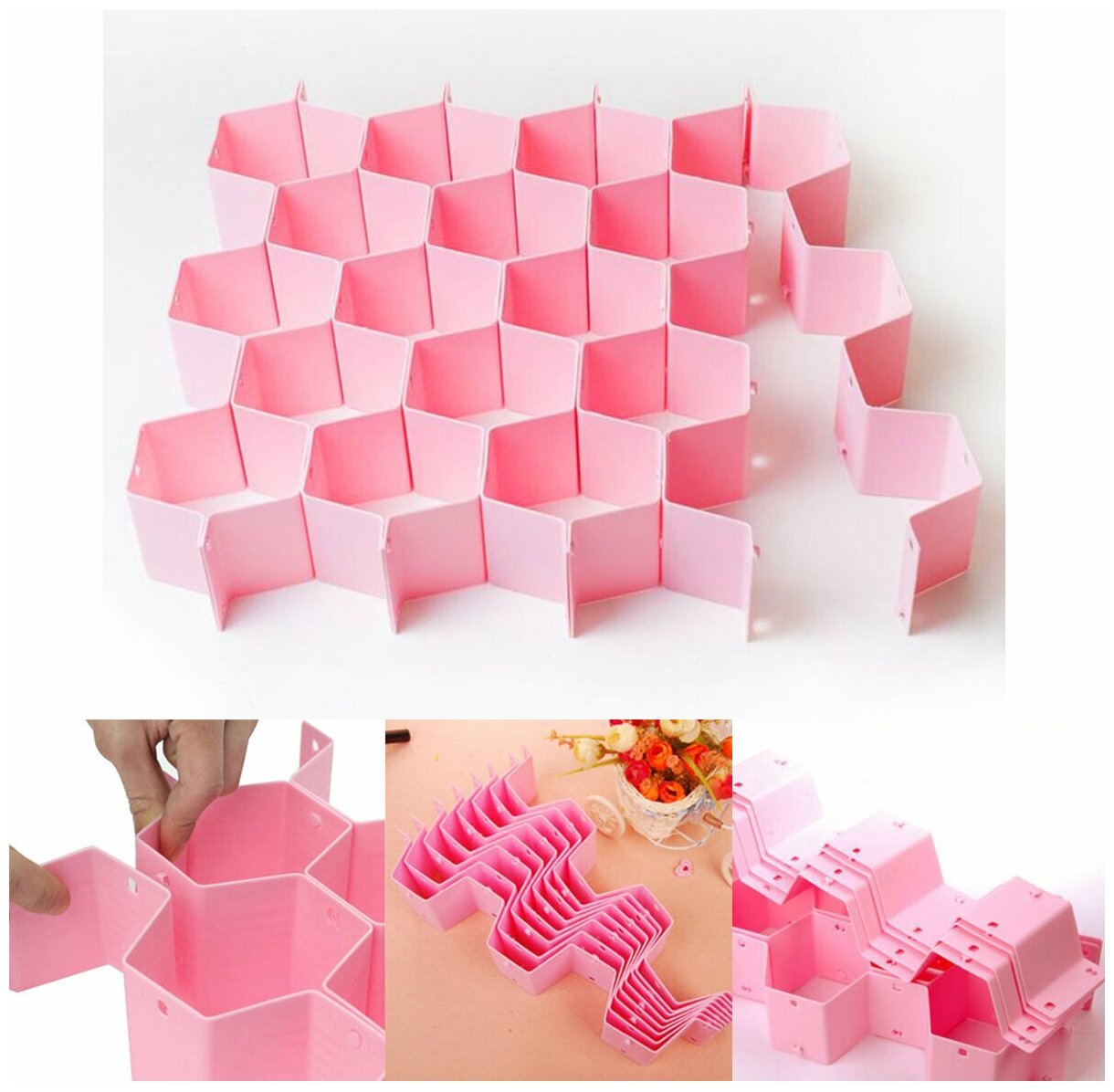 Разделители ящиков "соты", органайзер для хранения вещей, набор из 18-ти ячеек, 35х34х7см, цвет: розовый - фотография № 5