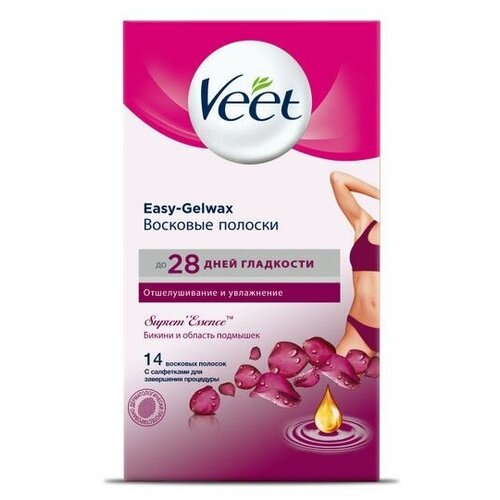 Veet Полоски восковые для чувствительной зоны бикини и подмышек Easy-Gelwax с ароматом розы и эфирными маслами, 14 шт