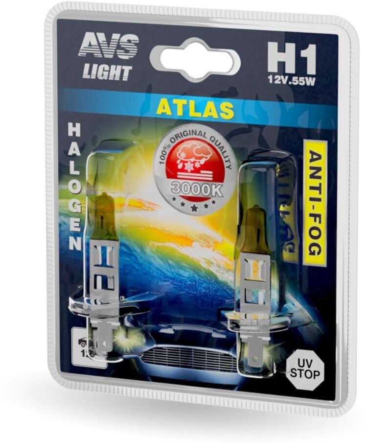 Лампа галогенная AVS ATLAS ANTI-FOG / желтый H1.12V.55W (блистер, 2 шт.)