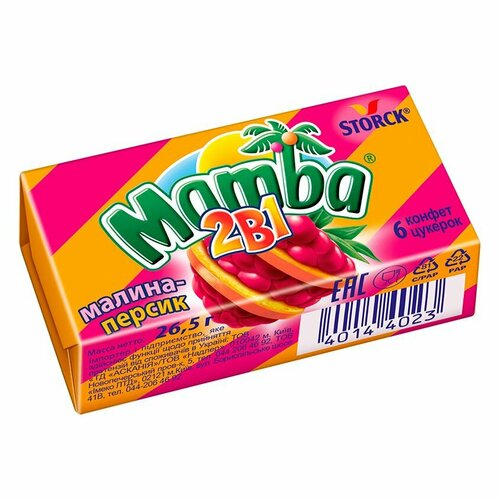 Жевательные конфеты MAMBA красная смородина и лайм, персик с малиной 26,5 г