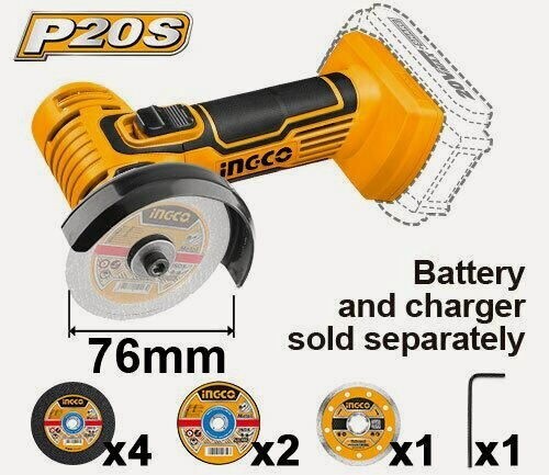 Изображение товара Аккумуляторная мини-угловая шлифмашина 20В 76мм без АКБ и ЗУ INGCO INDUSTRIAL CAGLI7601