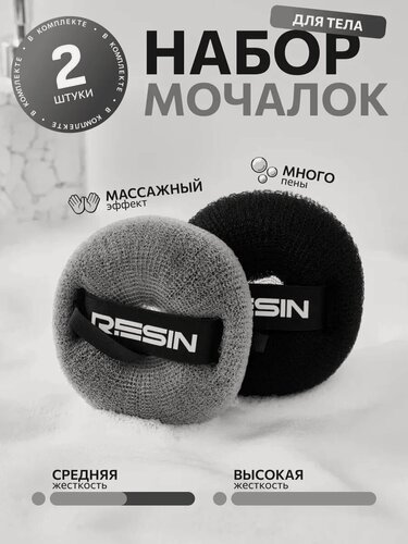 Изображение товара Мочалка, для душа, ПВХ, круглая, с петелькой и ручкой, черная/серая, 2 шт