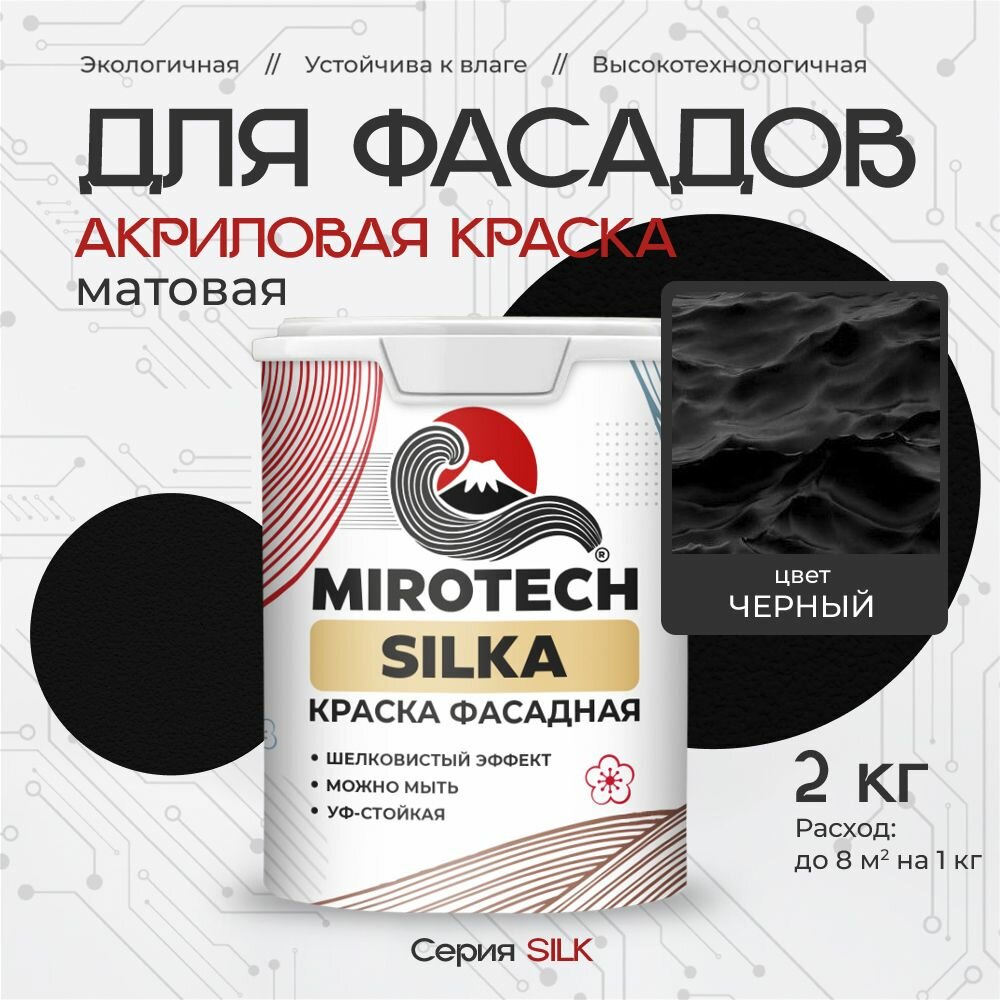 Акриловая краска для фасадов MIROTECH SILK для наружных работ, для дерева, камня и кирпича, по бетону и штукатурке, быстросохнущая без запаха, матовая, черный, 2 кг