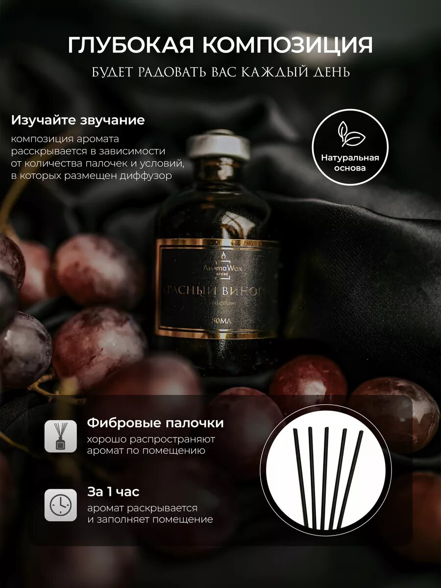 Ароматический диффузор с палочками для дома "Красный виноград", ароматизатор для помещения AromaWax, 50 мл — фото 1