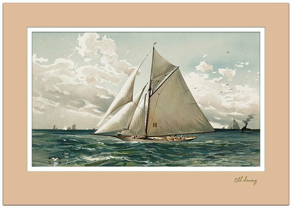 Постер с парусником А4 с двойным цветным паспарту