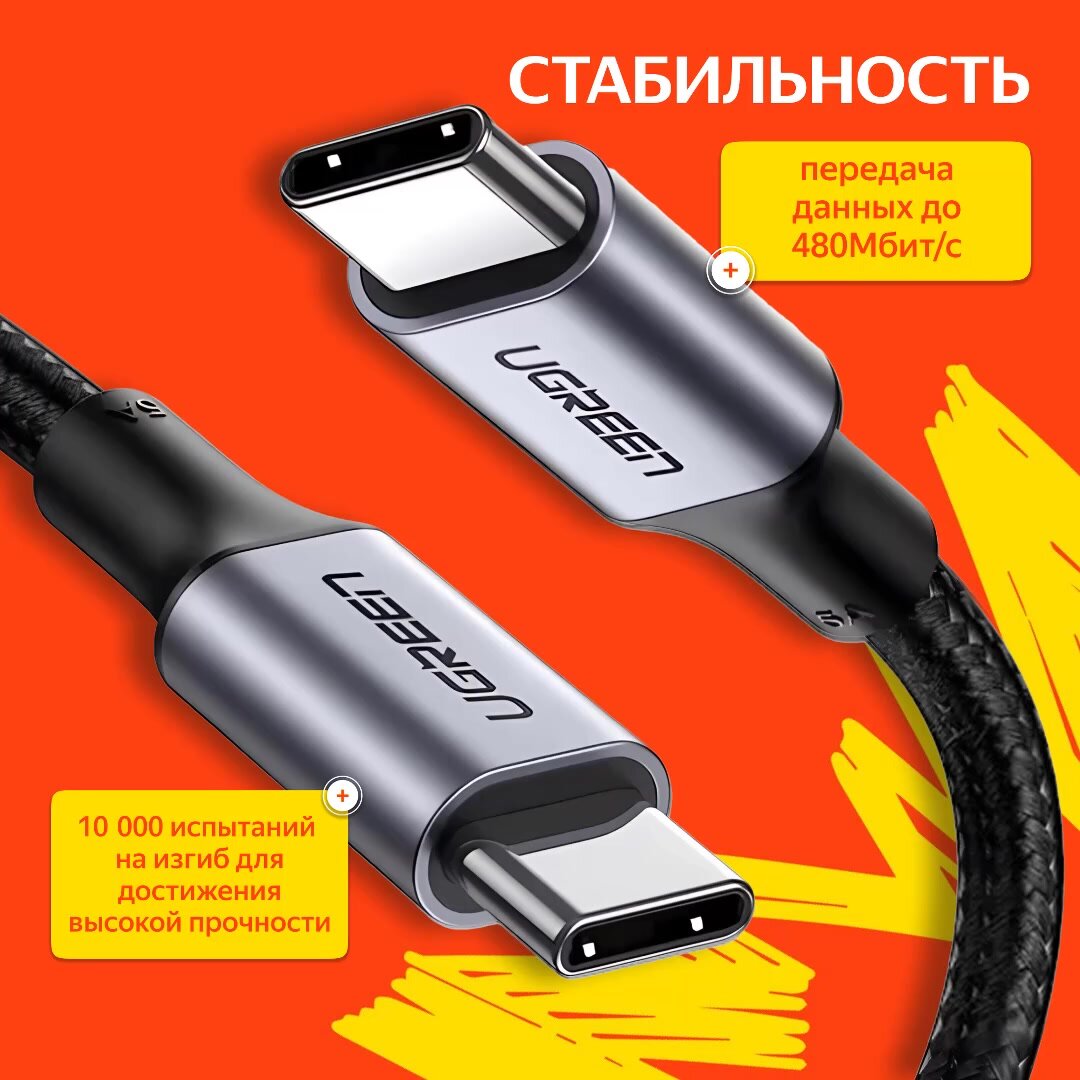 Кабель UGREEN US316 (90120) USB-C to USB-C 2.0 5A Alu Case with Braid Cable. Длина 3м. Цвет: серый — фото 1