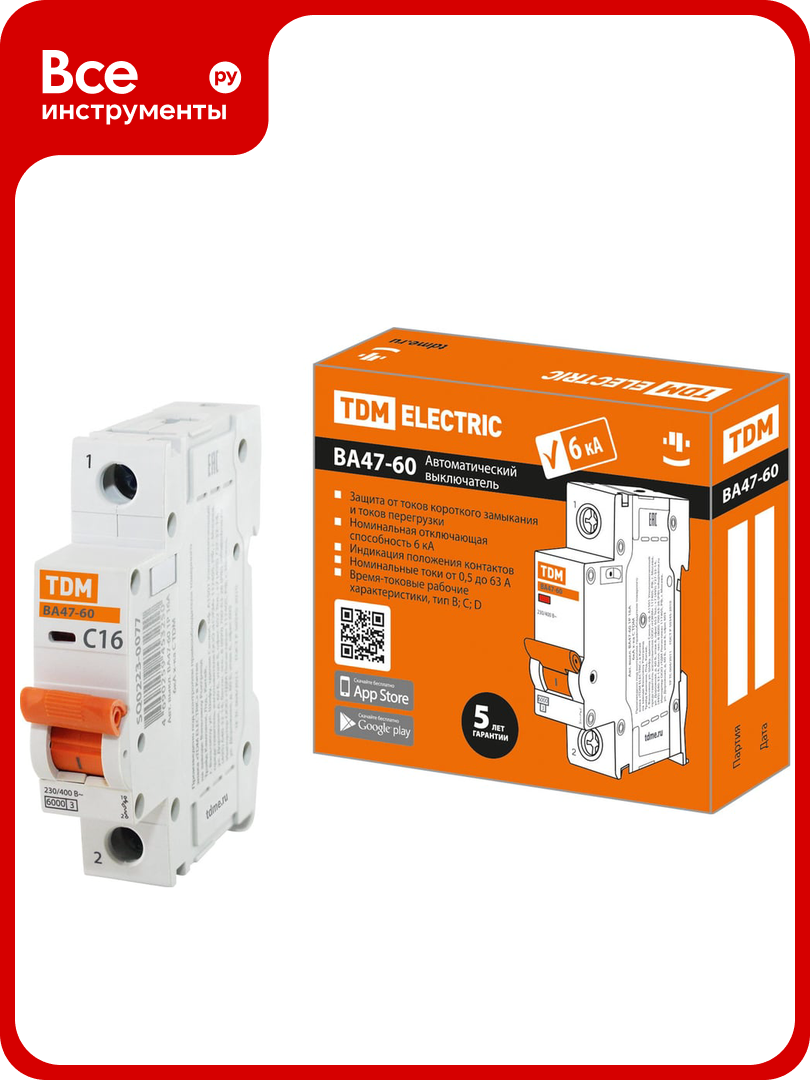 Автоматический выключатель TDM ELECTRIC ВА47-60 1Р 16А 6кА характеристика С SQ0223-0077