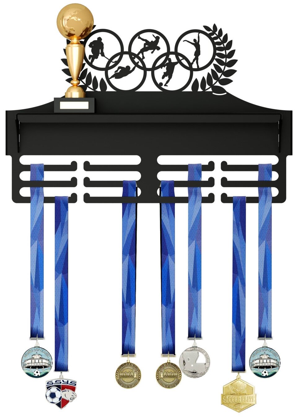 Металлическая медальница с полкой для кубков, держатель медалей, вешалка для наград TEMPACHE 29х45х11,5 см, черная, 1 шт.