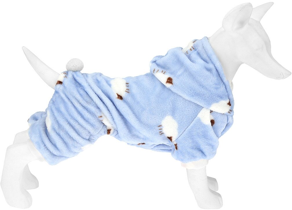 "Пэт тойс (Pet toys)" Одежда для собаки "Комбинезон" "Овечка" с капюшоном, с хвостиком, на кнопках, р-р 2XL, длина спинки 38см/обхват груди 42см/обхват шеи 38см, цвет-голубой, плюш (100% полиэстер) (К - фотография № 2