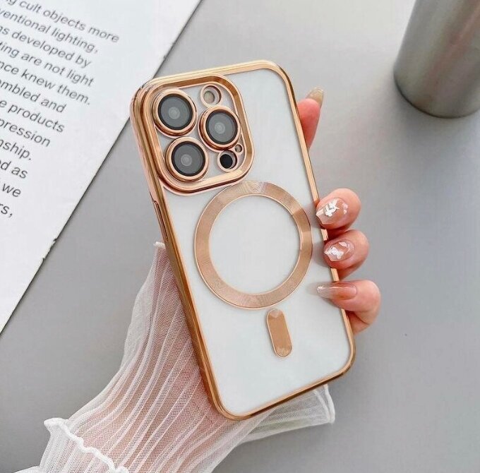 Магнитный силиконовый чехол на iPhone 14 PRO MAX магсейф (на айфон 14 про макс) с поддержкой Magsafe с магнитной зарядкой и защитой камеры, золотой — фото 1