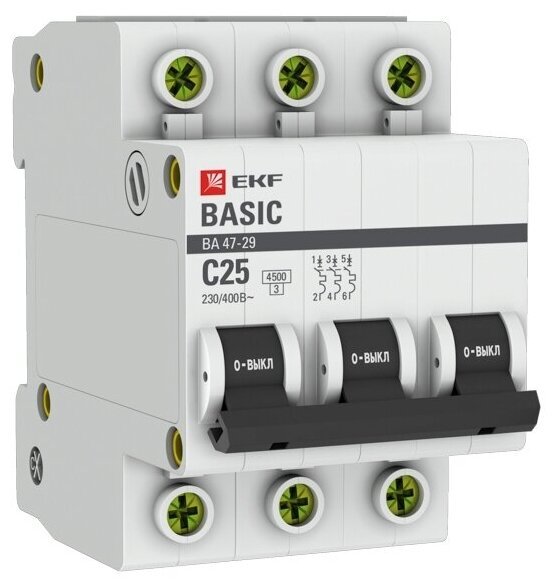 Автоматический выключатель 3P 25А (C) 4,5кА ВА 47-29, EKF Basic