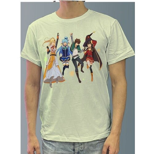 фото Футболка мужская белая молочный оттенок из хлопка с dtf рисунком аниме да будет благословенен этот прекрасный мир! - 1074 будь на стиле