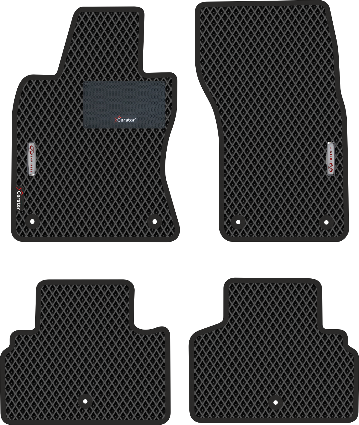 Автомобильные коврики EVA для Infiniti Q50 I (2013-н/в) с каучуковым подпятником и 2 эмблемами Infiniti чёрные с чёрным кантом ячейка - ромб