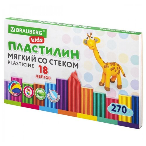 Пластилин восковой 18 цветов Brauberg Kids, 270г, со стеком, 4 уп. (106497)