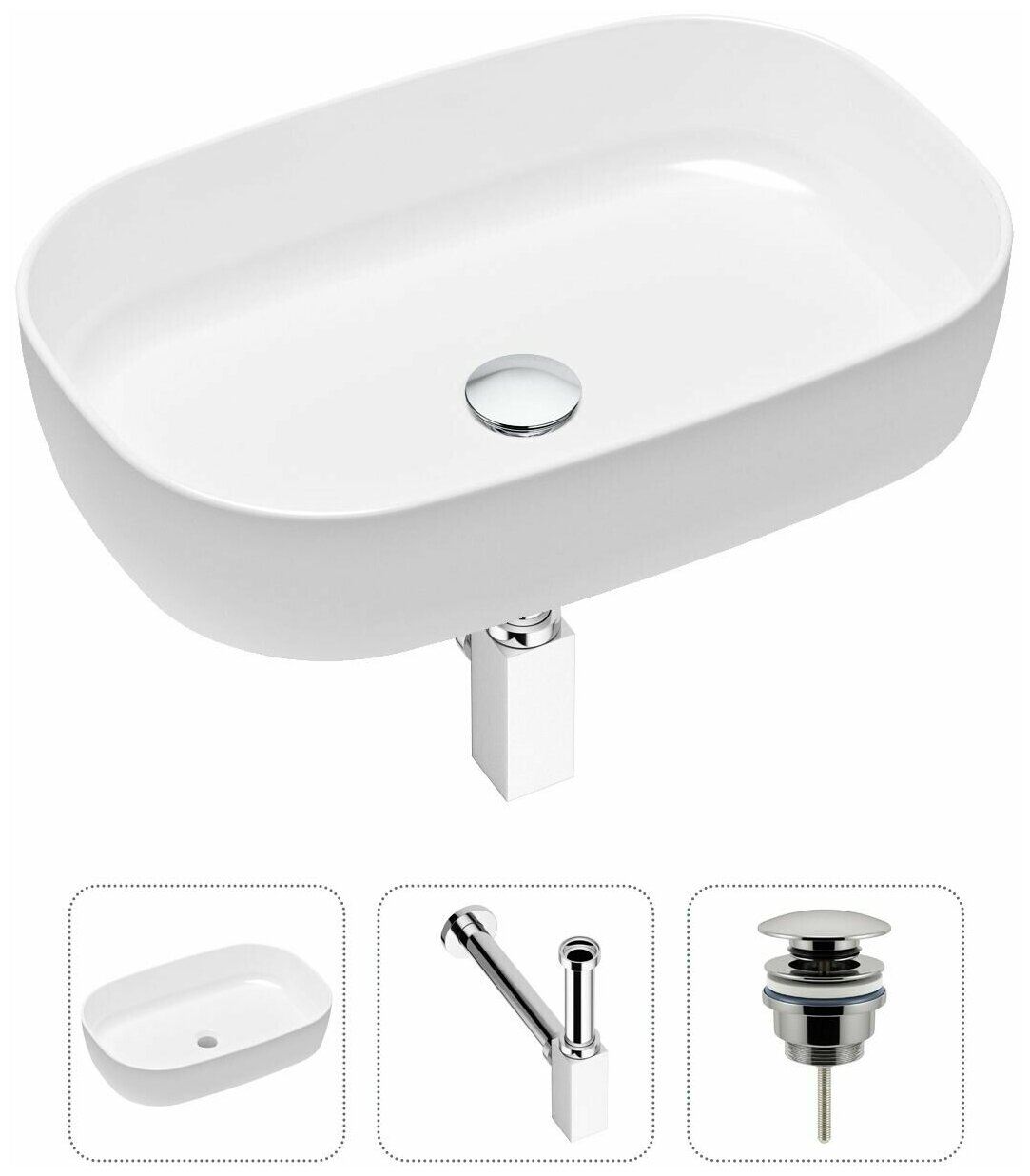 Накладная раковина в ванную Lavinia Boho Bathroom Sink Slim 21520070 в комплекте 3 в 1: умывальник белый, донный клапан и сифон в цвете хром