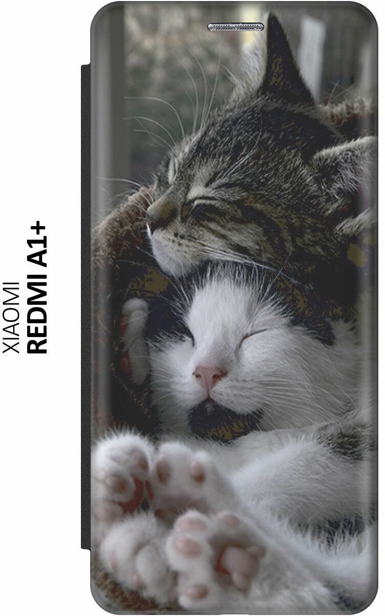 Чехол-книжка на Xiaomi Redmi A1+, Сяоми Редми А1 Плюс c принтом "Отдыхающие котики" черный