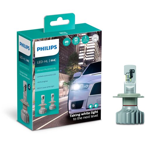 фото Лампа светодиодная philips ultinon pro5000 hl h4 12/24v 13,2/15w p43t, 2 шт. (бокс)