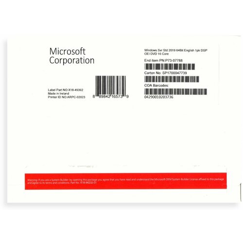 ПО Microsoft Windows Server Standart 2019 English 64bit DVD DSP OEI 16 Core (P73-07788) microsoft windows server 2019 standard 64 bit russian 1pk dsp oei dvd 24 core