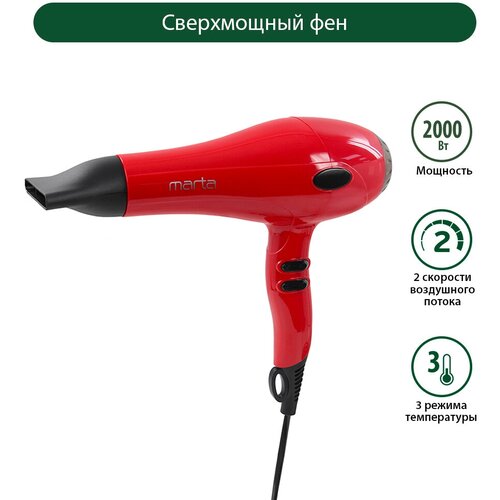 Фен MARTA MT-1492 красный коралл фен marta mt 1261 белый коралл