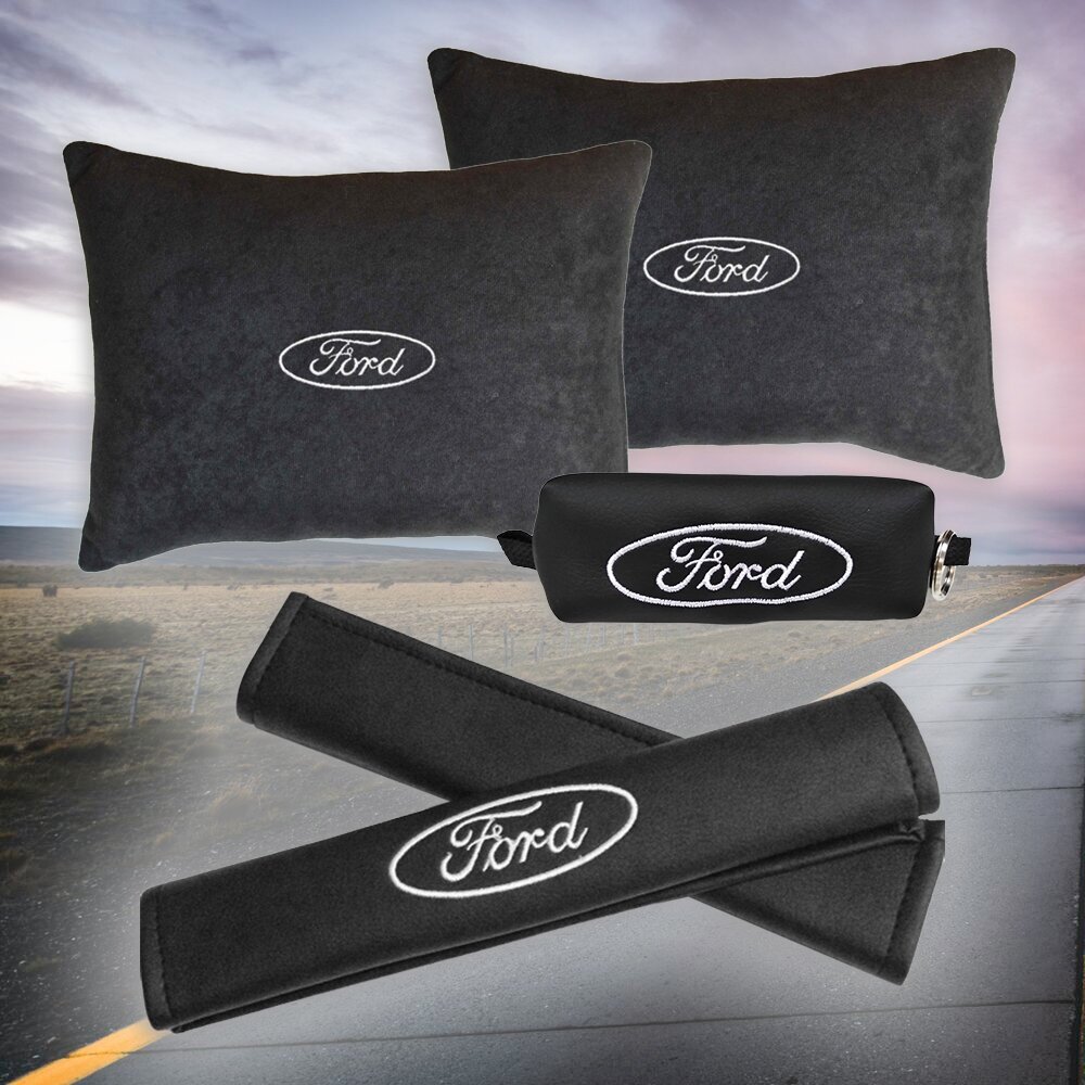 Подарочный набор автомобилиста из черного велюра для Ford (форд) (две автомобильные подушки, ключница и накладки на ремень безопасности)