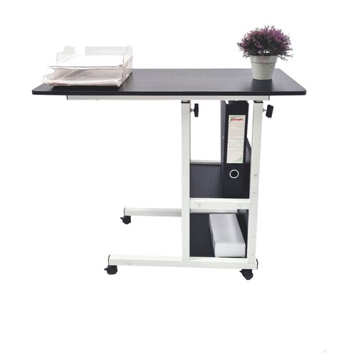 Прикроватный стол для ноутбука или планшета, на колесиках, с регулировкой высоты, с двумя полками сбоку, 40х80х(64-76), черный