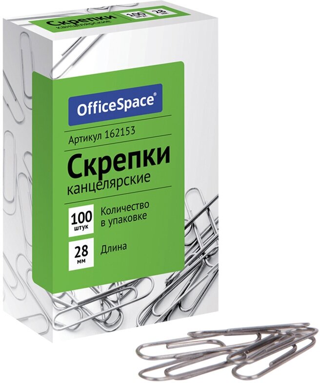 OfficeSpace Скрепки (162153) 28 мм (100 шт.) серебристый, 5 упаковок