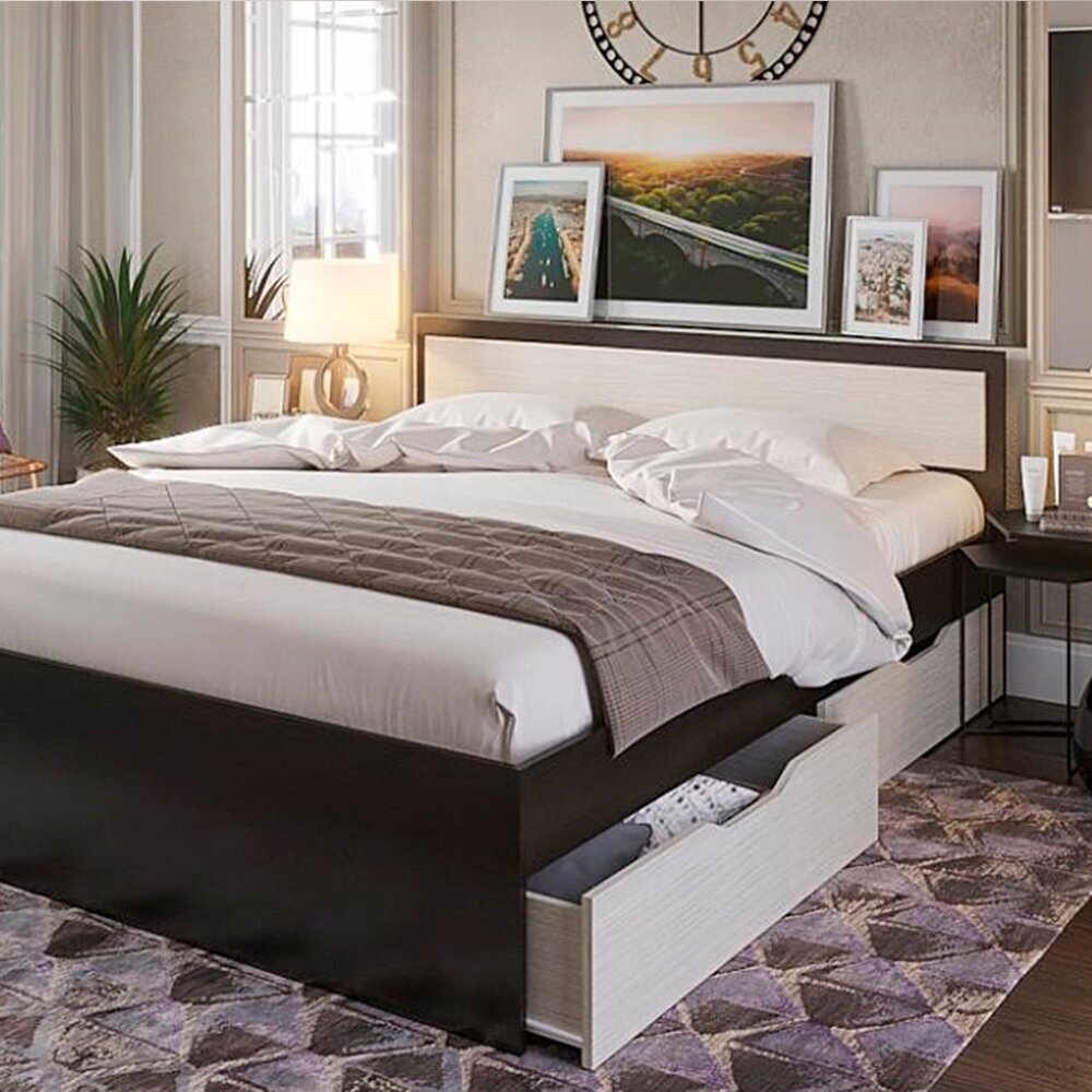 Кровать классическая двуспальная Гармония с выдвижными ящиками для хранения (Виктория) 160х200 см, Дуб белфорт/Венге