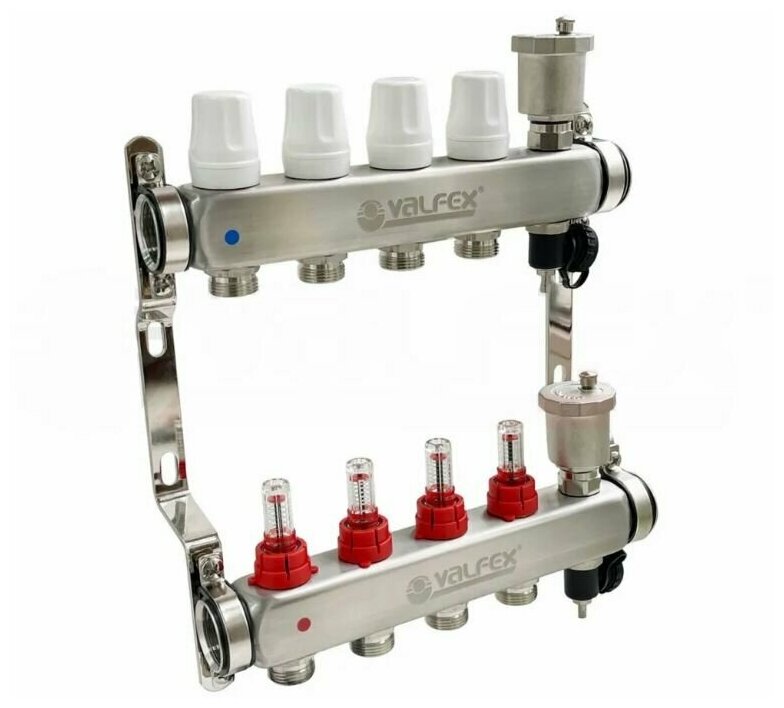 фото Коллекторная группа из нержавеющей стали 1", 6 контуров с регулирующими клапанами и расходомерами VALFEX арт. VF.586.0606