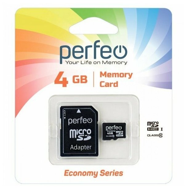 Карта памяти 4Gb - Perfeo Micro Secure Digital HC Class 10 PF4GMCSH10AES с переходником под SD (Оригинальная!)