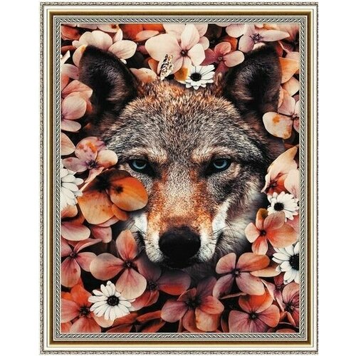 Алмазная мозаика на подрамнике 40х50. Волк в цветах